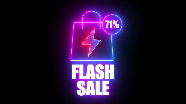 Neon Flash Sale Shopping Bag With 71 Percent Discount And Lightning Bolt Symbol image photo