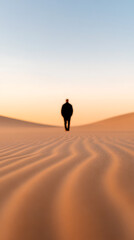 Silhouette in the Dunes: A solitary figure walks across a vast expanse of sand, bathed in the warm glow of the setting sun. Serene isolation.