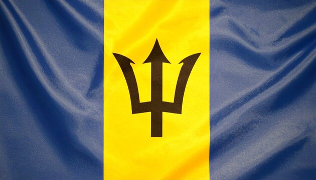 Barbados national flag with vertical ultramarine blue and gold stripes, featuring a central black broken trident—symbolic, bold, and independence-themed.