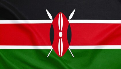 Kenya national flag with black, red, and green horizontal stripes separated by white lines, featuring a central Maasai shield and crossed spears—symbolic, patriotic, and cultural.