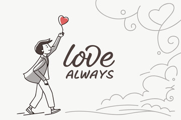Elegant white card with “Love Always” in serif lettering, small red heart dot over “i,” simple and emotional.

