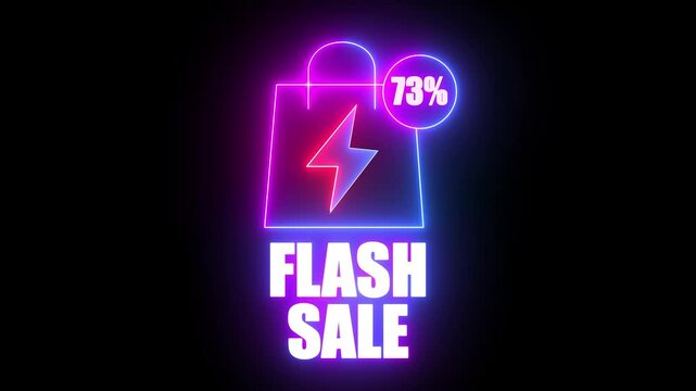 Neon Flash Sale Shopping Bag With 73 Percent Discount And Lightning Bolt Icon On Black Background image