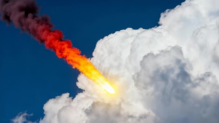 Intense fiery meteor with glowing yellow-orange core slicing through pristine white cumulus clouds, creating dramatic atmospheric event against deep azure background. - Powered by Adobe