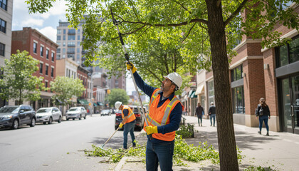 Landscape worker pruning tree on city street during daytime  