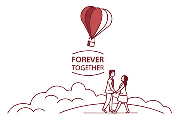 One red heart on top of simple text “Forever Together,” elegant minimal Valentine vector for U.S. buyers.
