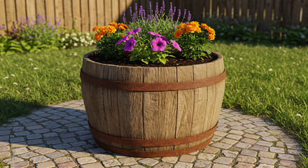 Wooden planter with colorful flowers set on stone patio during daytime