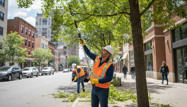 Landscape worker pruning tree on city street during daytime  