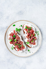 sandwiches, rye bread with cream cheese, sliced tuna fillet with herbs, breakfast, homemade,