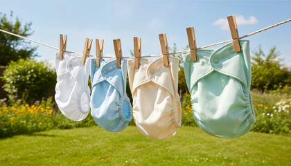 Cloth diapers hanging on line in garden during sunny day  