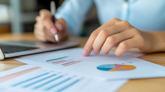 Analyzing financial data and charts. Businesswoman reviewing reports with bar graphs, pie charts, and figures.  Working on laptop in the office.