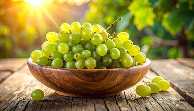 A wooden bowl filled with fresh green grapes sits on a rustic surface, with scattered grapes and a sunlit vineyard in the background.
