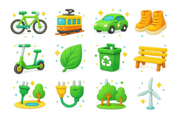 Obraz premium Green Transport Icons. Green Transport. 3D icons set of Green Transport: bicycle, tram, electric car, walking shoes, scooter, bus, charging plug, leaf icon,