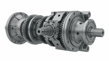 Detailed industrial metal gearbox with precision mechanical components
