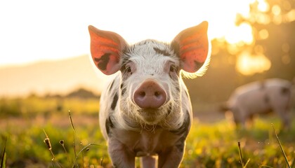 A close-up of a young piglet with spotted fur looking directly at the camera. The setting sun bathes the pig in warm light