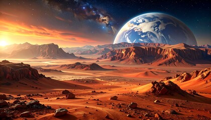 Alien Planet Sunrise with Earth in the Sky.