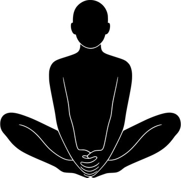 Baddha Konasana: Bound Angle Pose filled yoga silhouette of seated posture with soles together, knees open to sides, hands holding feet, transparent vector for yoga, anatomy, mindfulness, and physioth