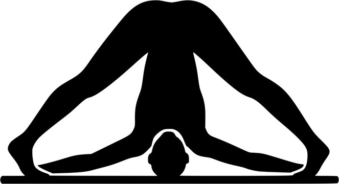 Supta Konasana: Supine Angle Pose filled yoga silhouette of inverted body with legs wide apart over head, feet touching floor, arms extended along mat, transparent vector for yoga, anatomy, stretching