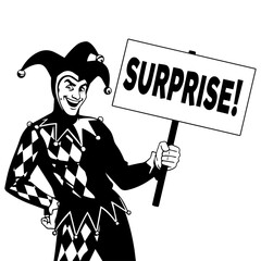 Smiling Jester in Harlequin Costume Holding Surprise Sign, Black and White.
