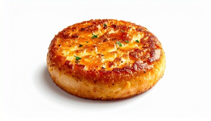 Savory baked pie or quiche topped with melted cheese and herbs, served on white plate with parsley garnish.