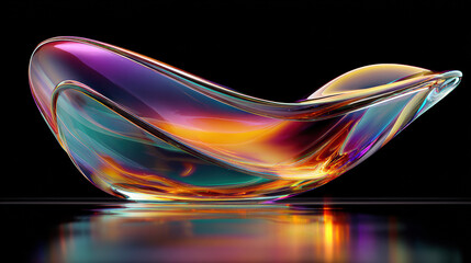 Dynamic abstract liquid glass form with iridescent gradient colors reflecting on a dark polished surface. This vibrant flowing shape creates an ethereal, futuristic light effect and volumetric motion.