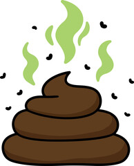 Funny smelly poop icon with green vapors and flies cartoon vector