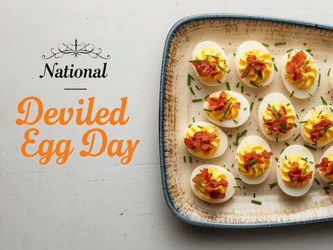 Illustration of overhead view of deviled eggs on a plate for national deviled egg day on a white table - Powered by Adobe