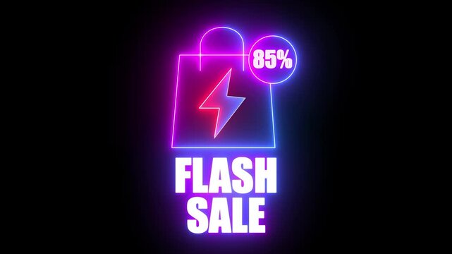 Neon Flash Sale Shopping Bag With 85 Percent Discount And Lightning Bolt Symbol On Black Background image