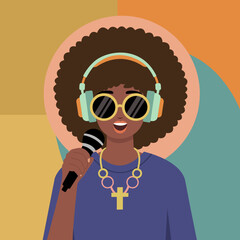 Afro Woman with Headphones, Sunglasses, and Microphone