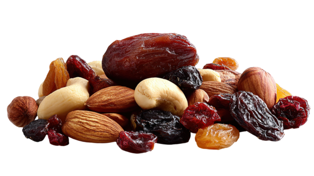 nuts and dried fruits isolated on transparent white background