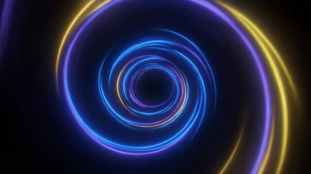 Spiraling Light Tunnel - This vibrant and dynamic video features a swirling tunnel of neon lights in shades of blue, purple, and yellow.