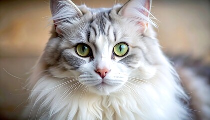 A close-up of a fluffy, long-haired cat with striking green eyes and a mix of white and gray fur. Its face is focused on the camera