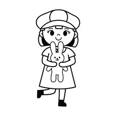 Adorable Girl with Cap Holding Bunny Stuffed Animal in Black and White Outline Illustration Cute and Heartwarming Young Child