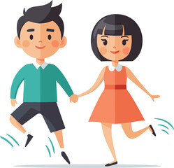 Cartoon boy and girl dancing, happy children holding hands, playful vector illustration, colorful child art for education, friendship, inclusivity, joy