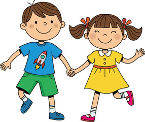 Cartoon boy and girl holding hands, happy kids skipping, playful children illustration, colorful vector for education, friendship, childhood, inclusivity