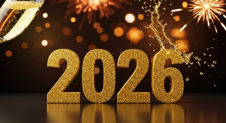 Sparkling 2026 New Year Celebration with Champagne Splash and Fireworks.