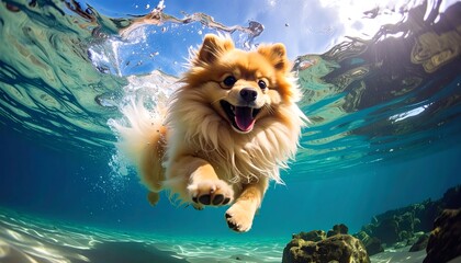 Happy Dog Swimming Underwater.