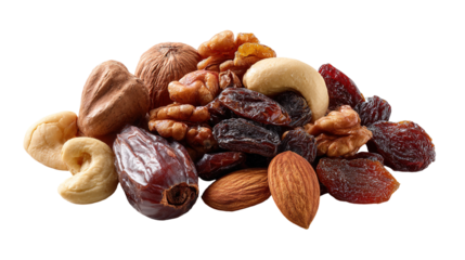 nuts and dried fruits isolated on transparent white background