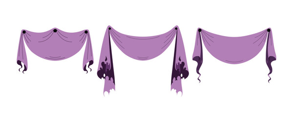 Set of Halloween banner in purple tone with ghostly drip and flowing fabric. Great for party decor, invitation, web or print design. Flat spooky vector illustration with fun seasonal mood.
