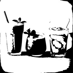 Three Refreshing Beverages in Glasses with Straws and Garnishes, Monochrome Style.