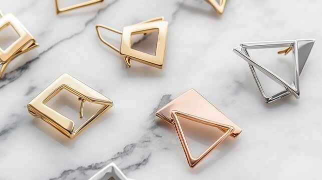 Set of modern geometric hair clips in gold silver and rose gold finishes arranged on a marble background showcasing a chic accessory collection for minimalist and trendy looks