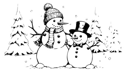 Two Snowmen Standing Together in a Whimsical Winter Landscape Scene.