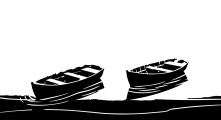 Two Black and White Wooden Rowboats Floating on Water, Side View.