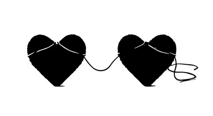 Two Black Heart Silhouettes Connected by a Thin, Dark String, Isolated.