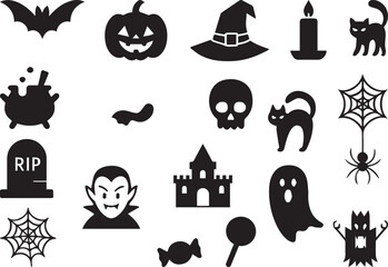 Art & IllustrationBlack and line Halloween Silhouette Icon Set – High Resolution Clipart Collection.