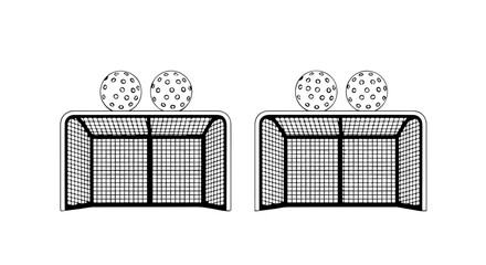 Two Soccer Goals with Nets and Two Soccer Balls on Top, Black and White.