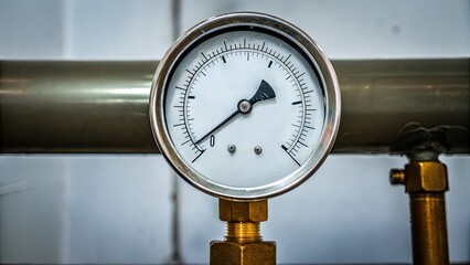 Close-up of industrial pressure gauge on a pipe