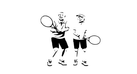 Two Tennis Players in Black and White, Holding Rackets, Smiling.