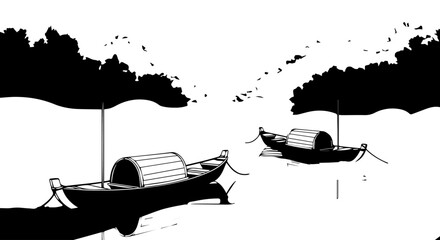 Two Traditional Chinese Junks with Covered Roofs Floating on Water, Silhouette Style.