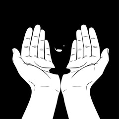 Upward-Facing Hands with a Dark Shape, Offering Gesture, Simple Line Art.
