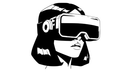 Vector Illustration of a Woman Wearing Futuristic VR Headset, Black and White.
